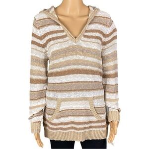 L.L. BEAN 100% Slub Cotton hooded sweater in brown/tan/white stripes. Large. EUC